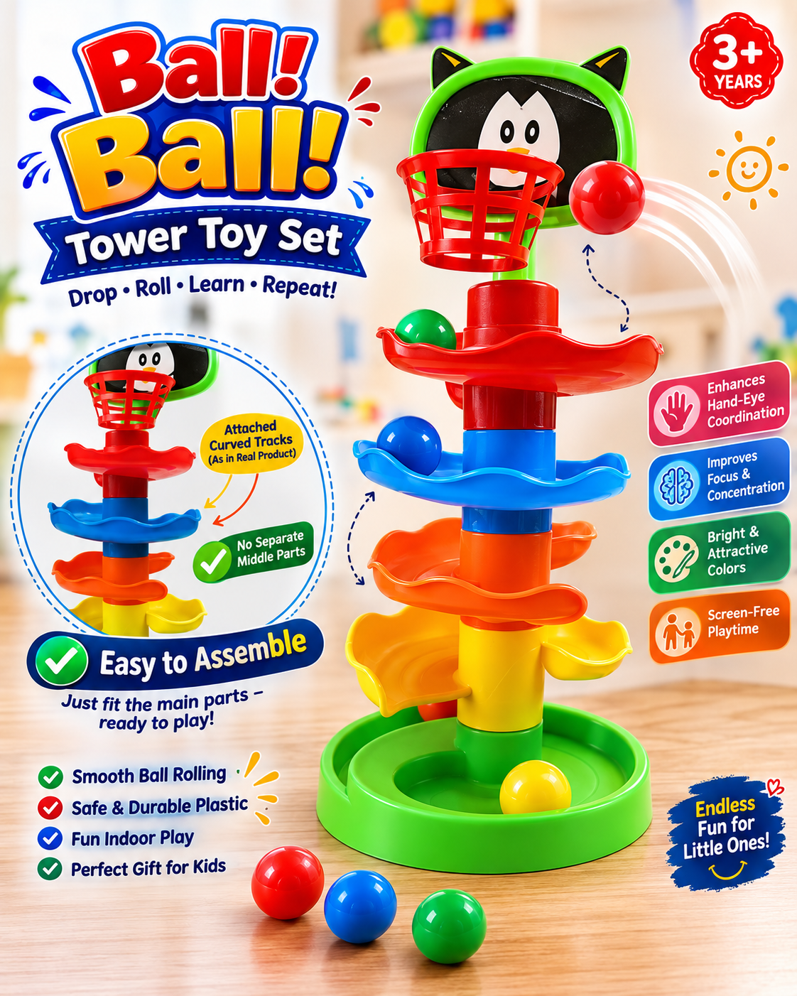 Ball Drop Tower Baby Toy Set  Toddler Toy baby toys  Learning & Developmental Tower  Activity & Educational Preschool Toys & Games