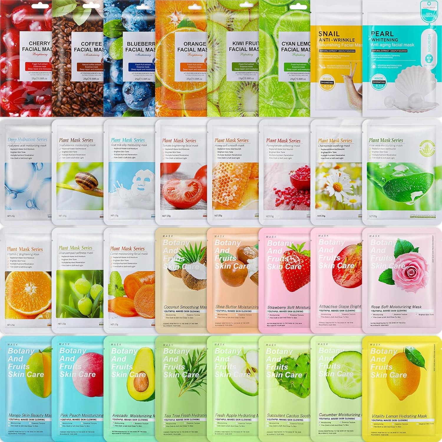 Fruit Plant Extract Moisturizing Brighten Facial Sheet Mask Hydrating, Radiance Boost, Calming, Skin Care Sheet Masks