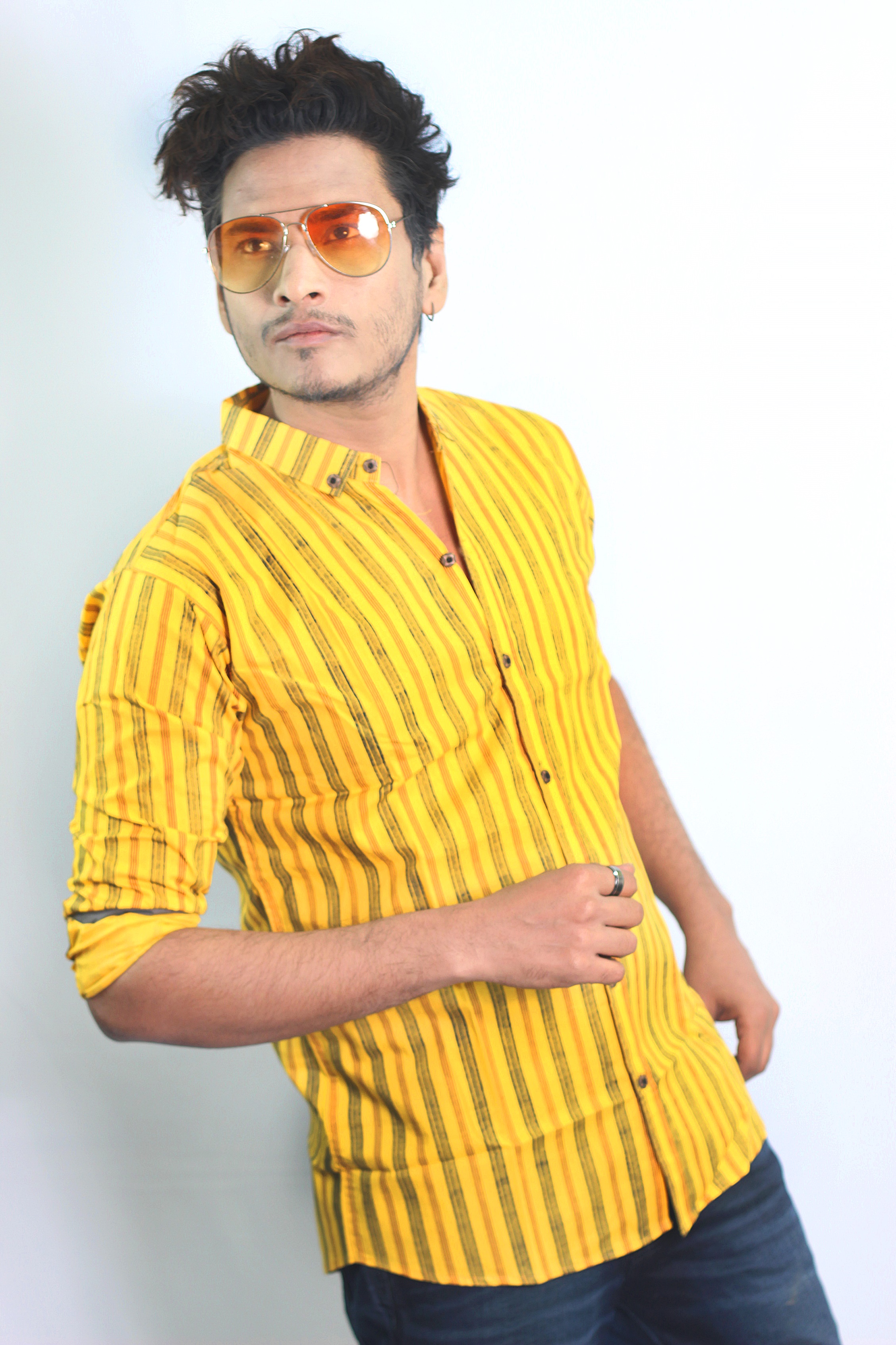 Auditors®️ Mens Semi-Formal Cotton Stripe Shirt Yellow Colour 100% Pure Cotton Fabric For Year-Round - Code AMS-100