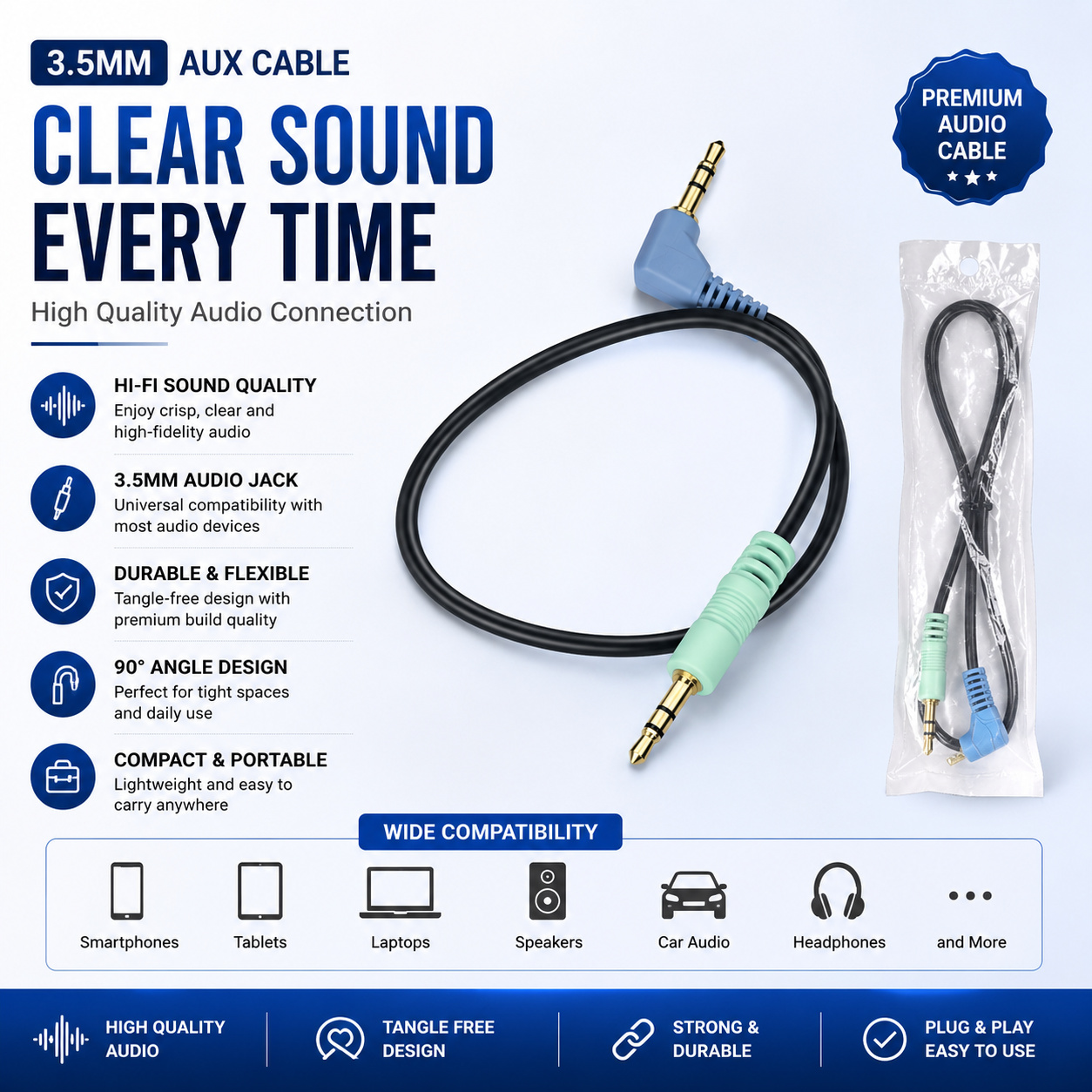 3.5mm Jack Audio Cable Male to Male Stereo AUX Lead Wire | 3.5mm Headphone Earphone Cable for Mobile Phone Smartphone Tablet Laptop PC Car Stereo Speaker MP3 MP4 Player | Wired Audio Connector Cord for Music Listening Hands Free Headset Connection