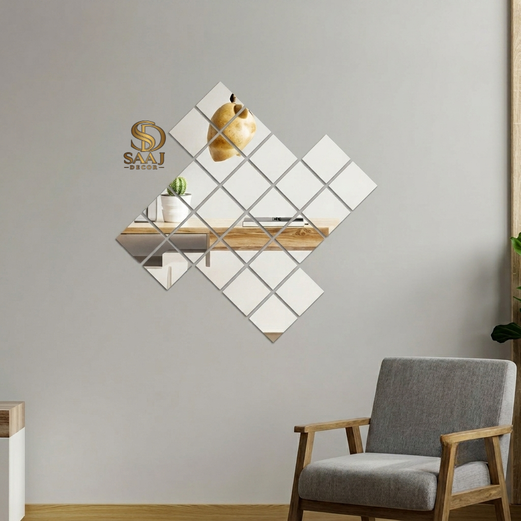 12PCS Square Acrylic Mirror Wall Stickers Set | Self-Adhesive DIY Mirror Tiles (8x8in, 6x6in, 4x4in, 3x3in) | Peel & Stick Reflective Wall Decor for Living Room, Bedroom, Bathroom & Wardrobe | SAAJ DECORS