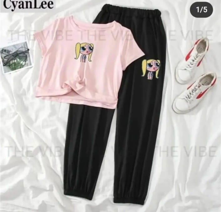 Trendy Famous Catoon Power Puff Girls Tracksuit for Women & Girls Gym Wear printed Crop Top half Sleeve T-Shirt & Trouser for Summer Collection Elegant Wear