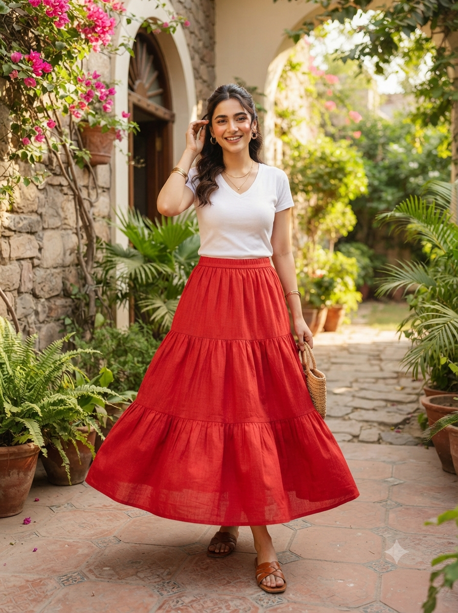 Multi Layered Tiered Summer Cotton Maxi Skirt for Women – Flowy Long Skirt with Elastic Waist (XS to XXL)