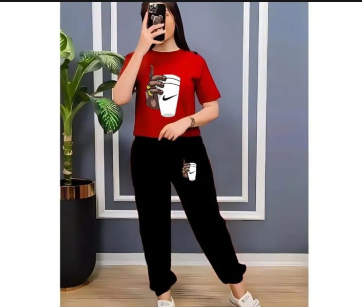 Trendy Hand With Cup Printed gym wear for Women N Girls Half Sleeves O Neck Trouser & Tshirt Tracksuit  highly recommended tracksuit
