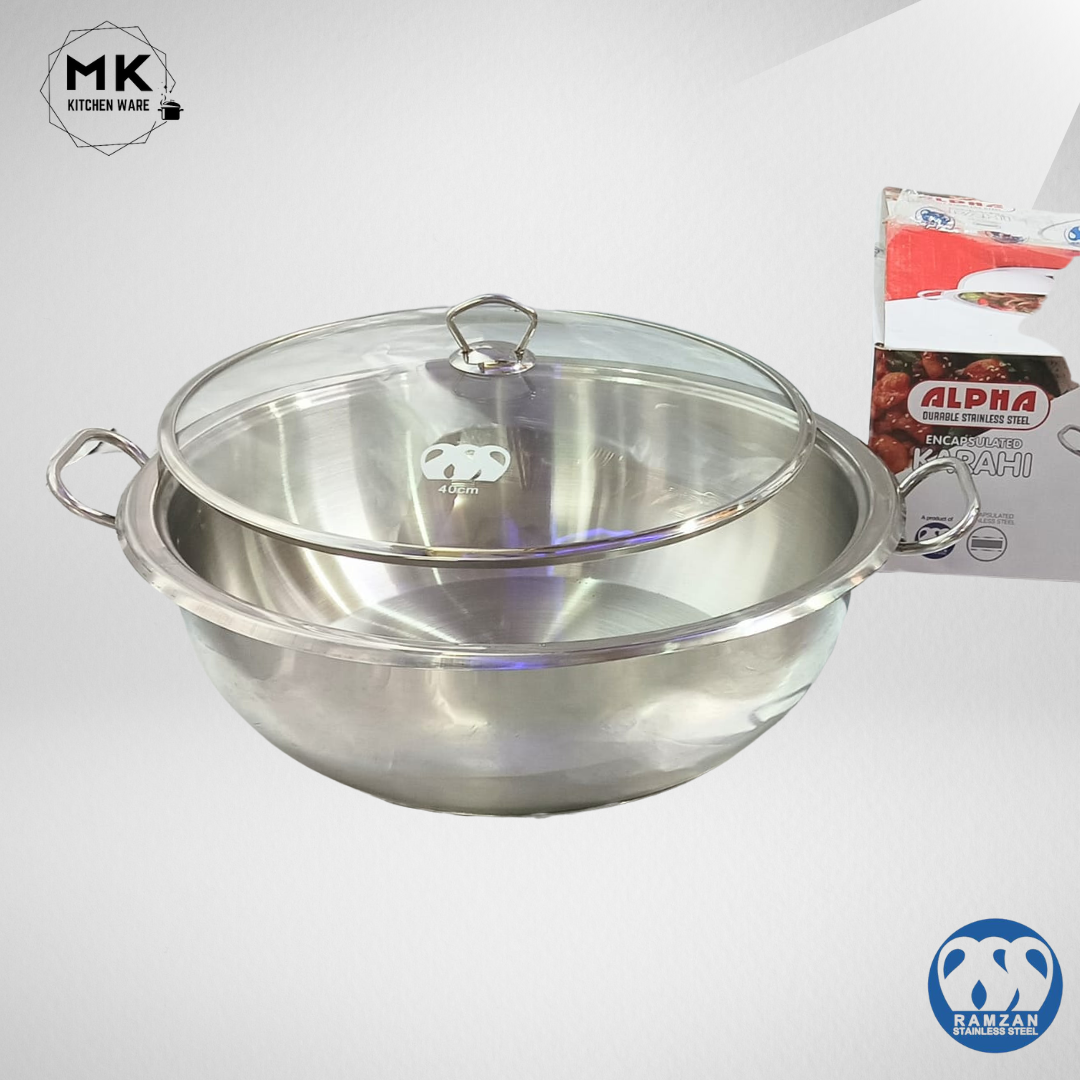Cooking Wok /Karahi | Alpha Stainless Steel Karahi with Glass Lid ...