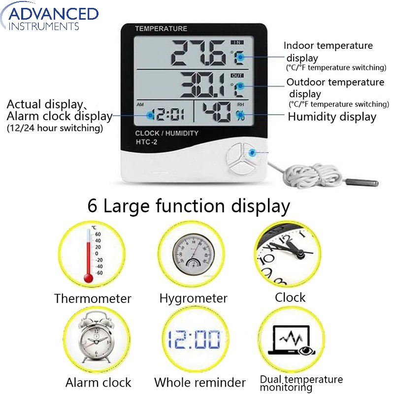 HTC-2 Indoor Outdoor Room Lcd Electronic Temperature Humidity Meter Digital Thermometer Hygrometer Weather Station Alarm Clock For Baby Room , Egg Incubator , Birds , Greenhouse   Fish Tank Aquarium , Fridge Temperature Controlling