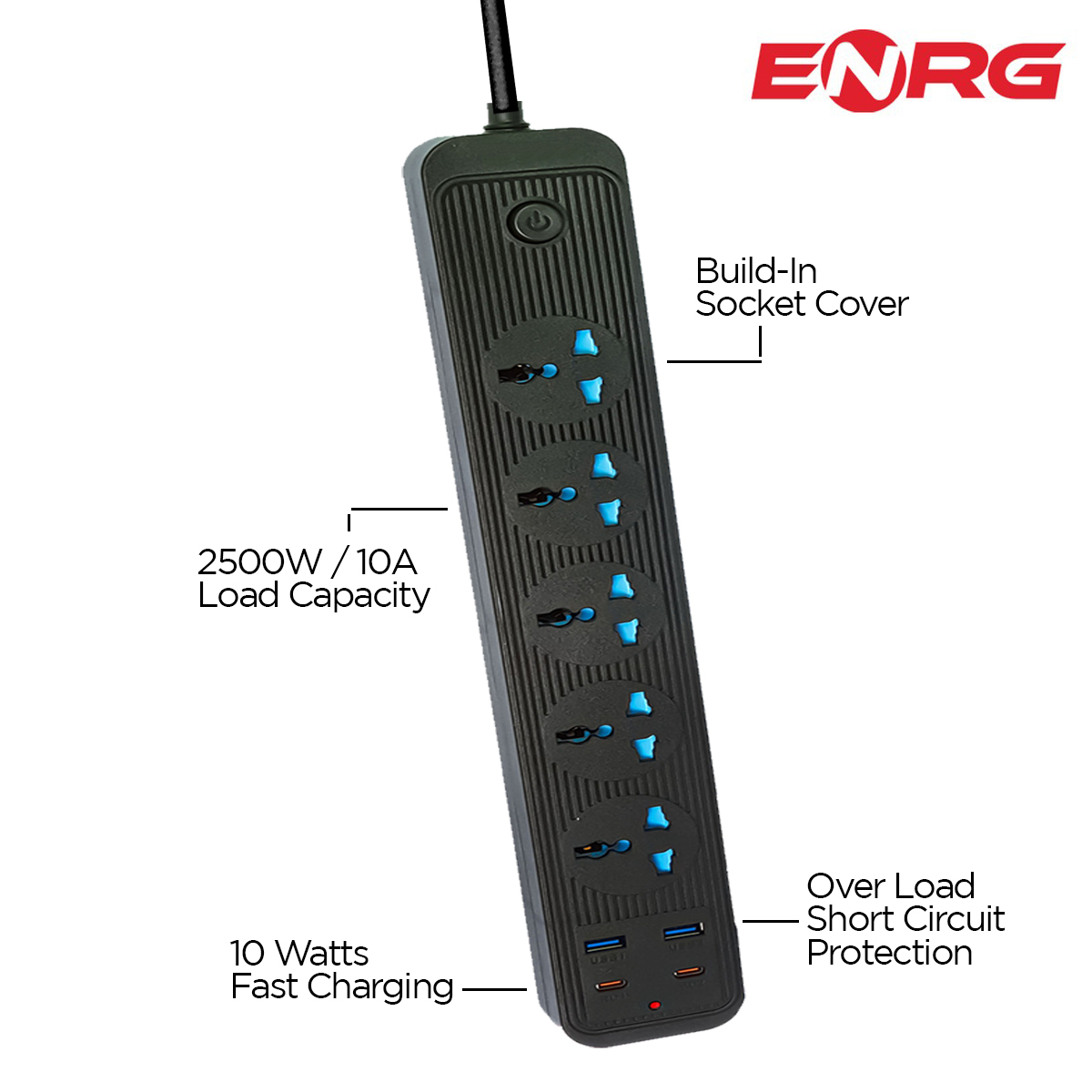 Energy - ENRG Smart Universal Extension Board 3 Power Socket + 3 Usb Plug + 2 Type C Fast For Mobile Charging Ports With 1.8 Meter Heavy Duty Copper Wire Black