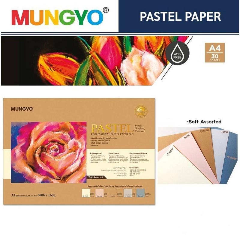 Mungyo Professional Pastel Paper Pad A4 Size for Oil Pastel, Dry Pastel 30 Sheets (Soft Assorted)