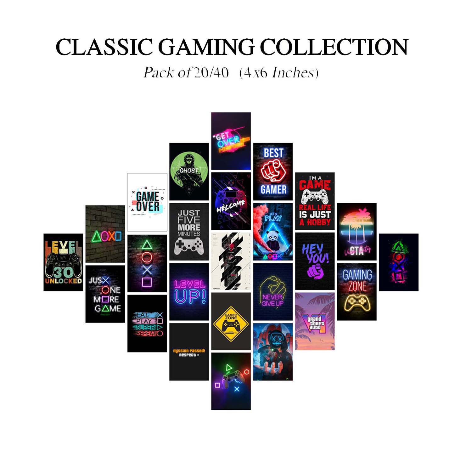 Pack of 40 Gaming Posters 4x6 Inches for Gaming Setup Wall Decor, Vibrant Graphics and Iconic Motifs l Premium Glossy Posters