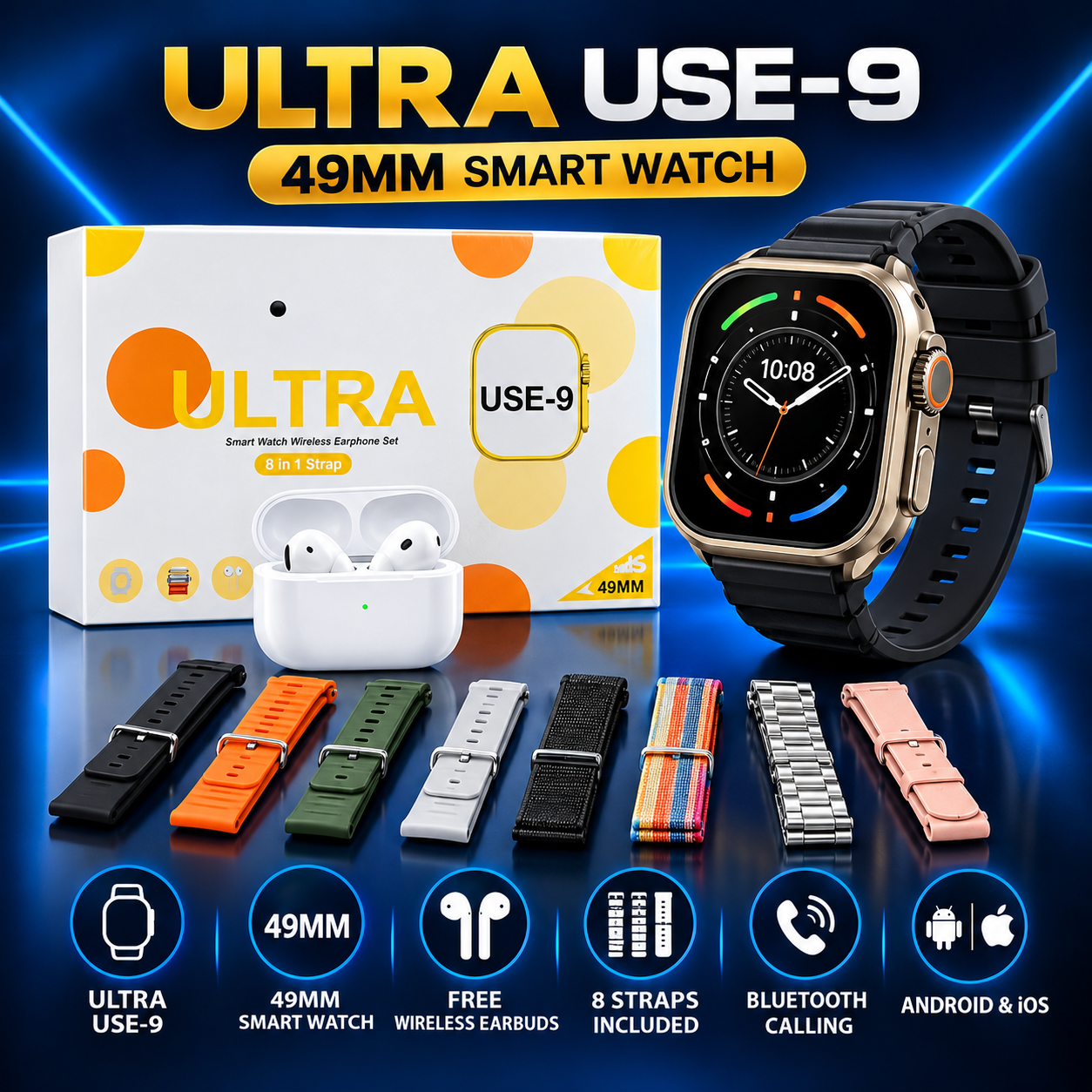 Ultra USE-9 Smart Watch 49mm | Free Wireless Earbuds with 8 Straps | Bluetooth Touchscreen Smartwatch for Men & Women | Fitness Tracker for Android & iOS