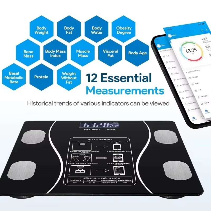 Bluetooth Smart Digital Weight Scale 180kg – Electronic Weighing Scale with Tempered Glass, Bathroom Fitness Scale, Body Fat & BMI Measurement, Smart Digital Body Weight Scale with App Sync for iOS & Android, Personal Health Machine