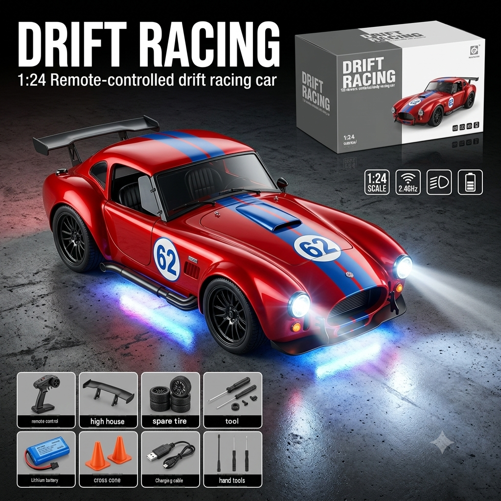 KIDDO KASTLE -  Remote Control Speed Racing 1:24 RC VINTAGE FERRARI Drift Car With LED | RC FERRARI 4x4 Drifting Car 2.4G RC Drift Car with LED Light Rechargeable Remote Control Racing Car Vehicle Replaceable Tire Competition Race Car Toy For Kids Boys