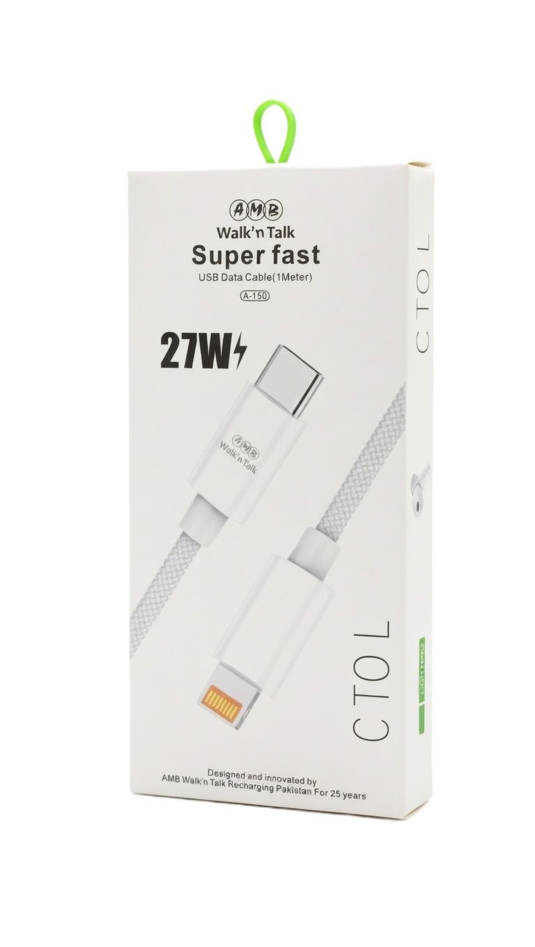 AMB A-150 Super Fast 27W USB-C to Lightning Cable by Walk’n Talk - 1 Meter Fast Charging Data Cable for iPhone | PD Compatible price in Pakistan