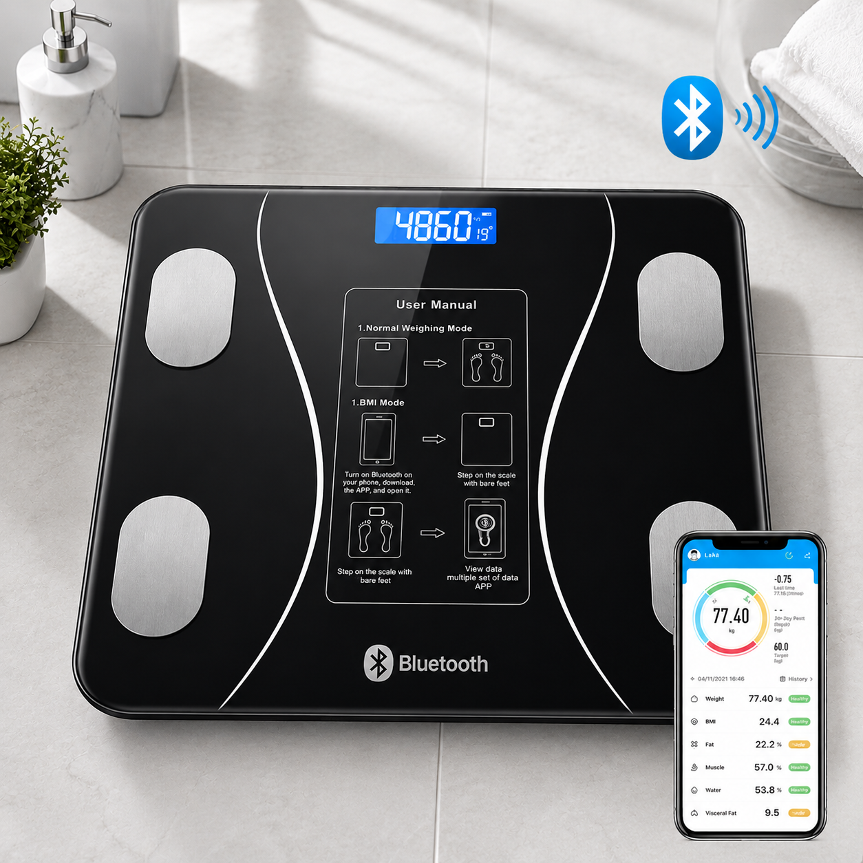 Digital Bluetooth Body Weight Scale 180kg Capacity  Smart Weighing Machine with Mobile App Sync BMI Body Fat Muscle Mass Water Analyzer  Bathroom Health Fitness Scale with LCD Display  Accurate Sturdy Durable Design for Home Adults Family Use