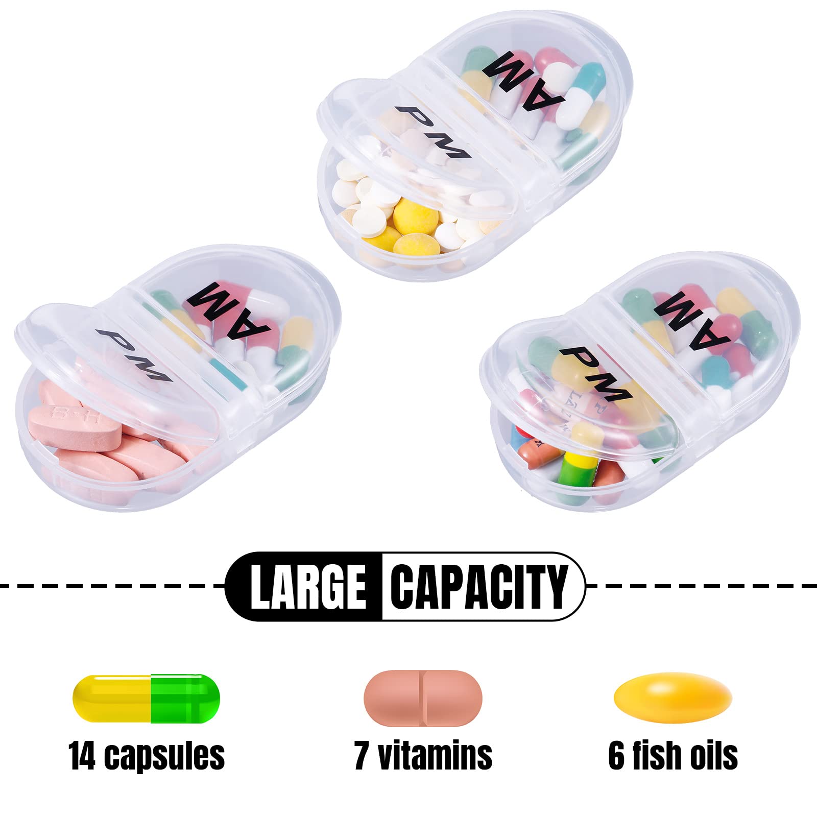 Multi Purpose Pill Organizer AM PM Medicine 💊 Box Pocket Small Case Holder AM PM Pill Organizer Portable Two Compartment Pill Case Round Pill Container Travel 2 Times a Day for Medicine, Jewelry, Buttons, Nuts