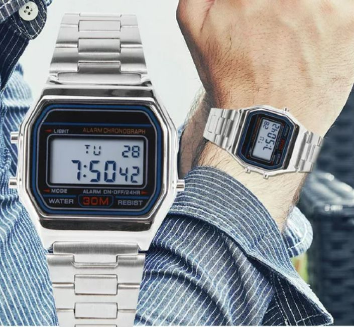 Casio-Style Digital Watch for Men & Boys Premium Stainless Steel Waterproof Wristwatch with LED Light & Alarm Chronograph