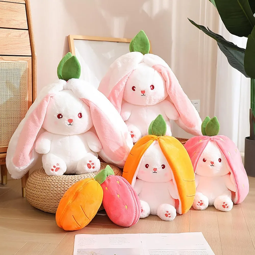 Bunny Stuffed Animal Plush Reversible Strawberry Bunny Plush Doll With Zipper Cute Room Decoration Toy For Kids Gift.