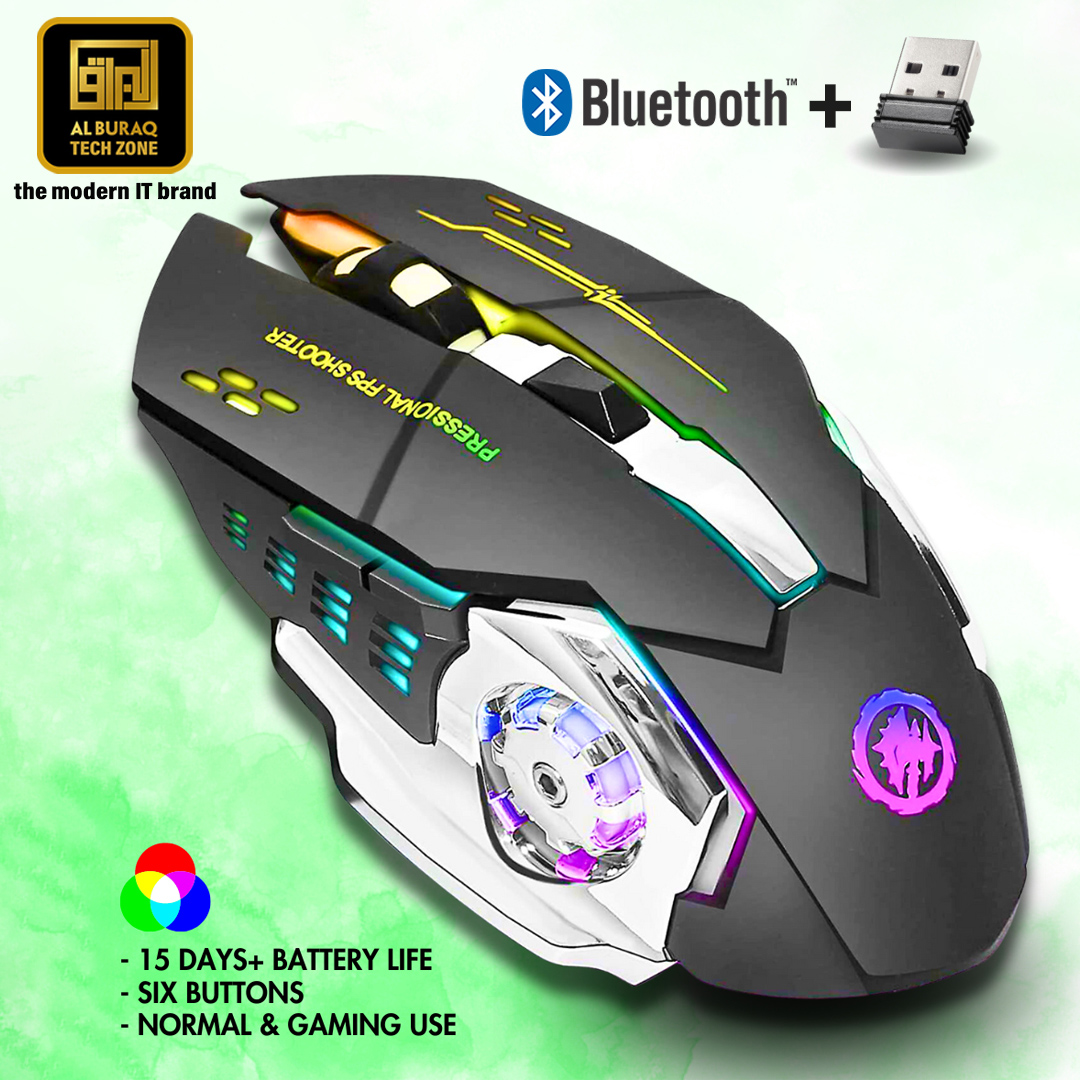 【Rechargeable】 PRO Gaming Wireless Mouse with adjustable DPI ~ Silent Click, Breathing RGB LED Mouse with 6 Buttons & including Side Buttons, 2.4G USB + Bluetooth Dual Connectivity Wireless Mouse for laptop, PC, Gaming & Office Use by AL-BURAQ TECH ZONE