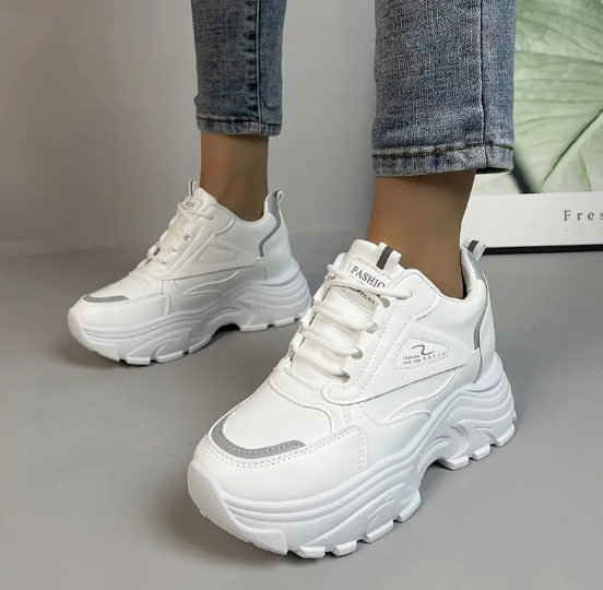 Women's Platform Sneakers - Casual Lace-Up, Height-Boosting Sneakers with Faux Cover Upper & PU Sole