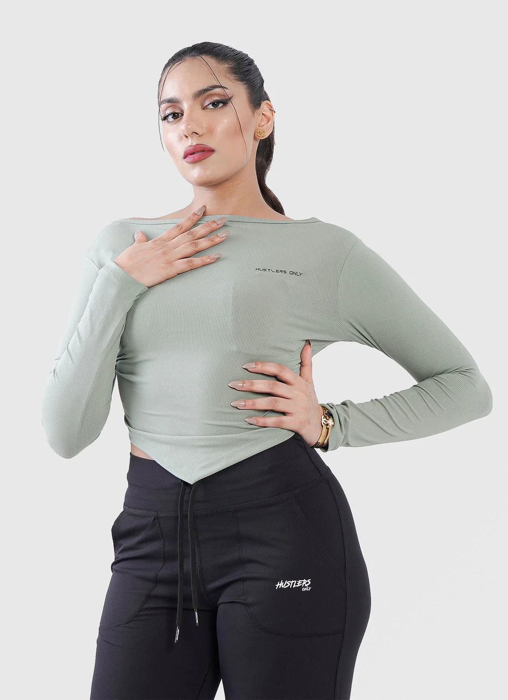 Diamond Crop Shirt - Green Hustlers only women crop top off neck design sweat wicking material active wear, shirts for girls, t shirts for girls, long shirts for girls, tops for girls, tops for girls stylish, tops
