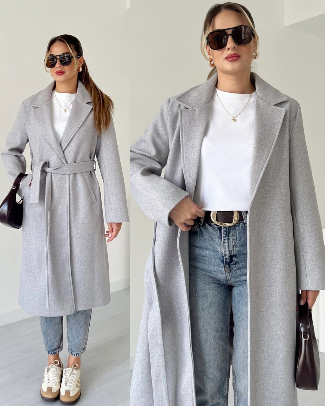 Long-Length Grey Wool-Blend Coat for Women  Belted Tie-Waist Winter Jacket  Classic Notched Lapel Overcoat