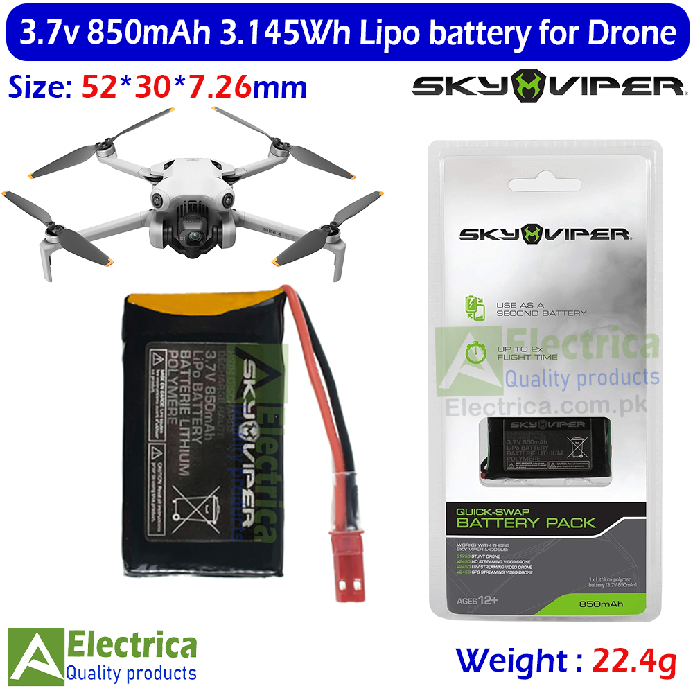 3.7V 850mAh 3.145Wh LiPo Rechargeable Battery Pack for Sky Viper Drone Quick Swap Replacement Battery 52×30×7.26mm by Electrica