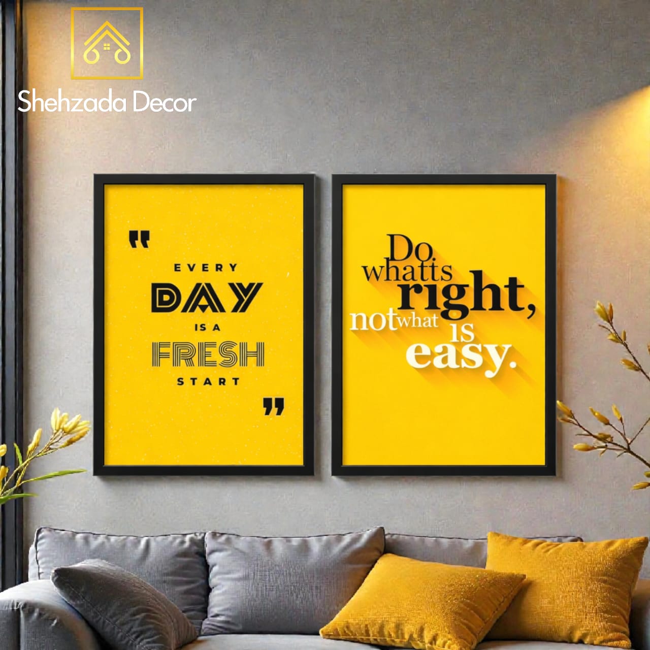 Daily Motivation Yellow Frame Set Pack of 2 - Motivational Quotes Frames for Wall Office Room Decor - ShehzadaDecor Wall Photo Frames - Premium Wooden Glass & Sticky MDF Wall Decoration Frames