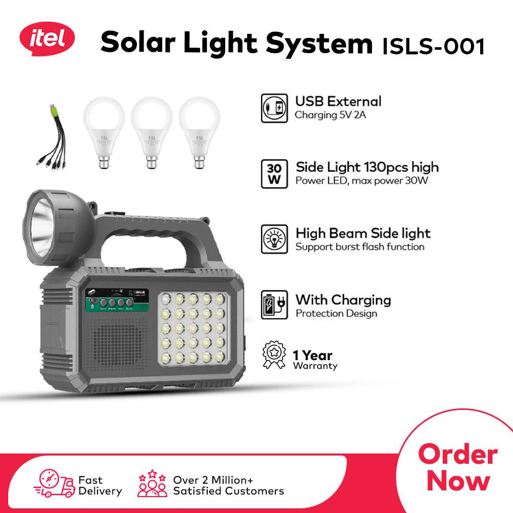 itel, Solar Light System ISLS-001 - 30W Bright LED with Wide Coverage,  3600mAh Long-Lasting Battery, FM Radio & Bluetooth Audio, USB Device  Charging Port - 1 Year Warranty | Daraz.pk