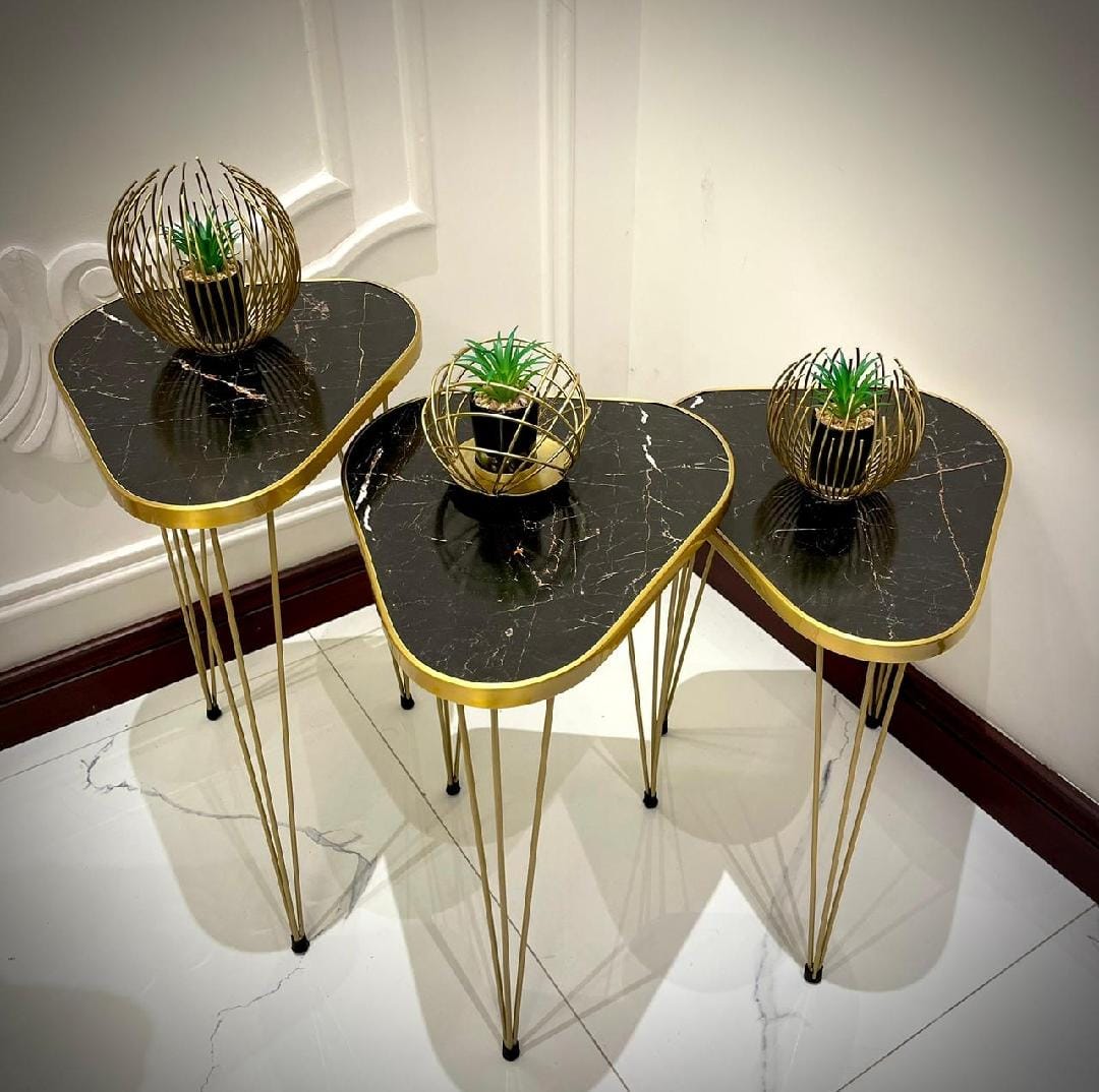 DWU presents Mdf Wood Triangle. Round, Flower & Square Nesting Table With Metal Stand Set of 3 Round table Table Decoration coffee table round coffee table dining table Nesting table set Side Table Coffee Table nesting table Decor