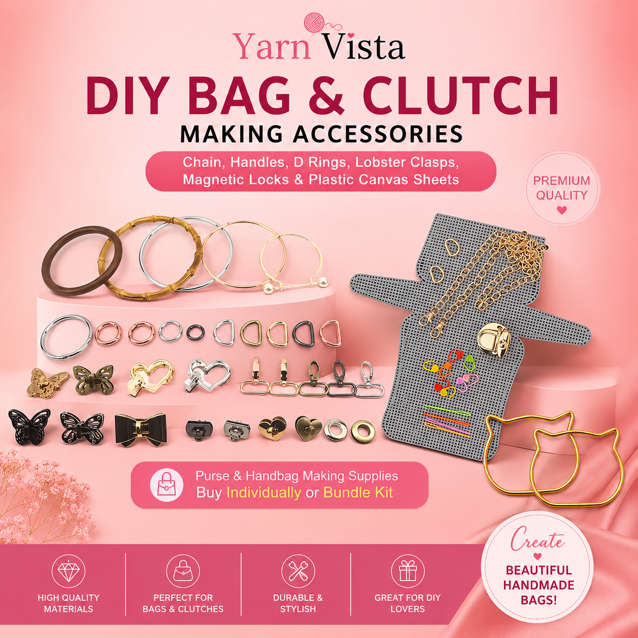 Yarn Vista | DIY Bag & Clutch Making Accessories | Chain, Handles, D Rings, Lobster Clasps, Magnetic Locks & Plastic Canvas Sheets | Purse & Handbag Making Supplies | Buy Individually or Bundle Kit