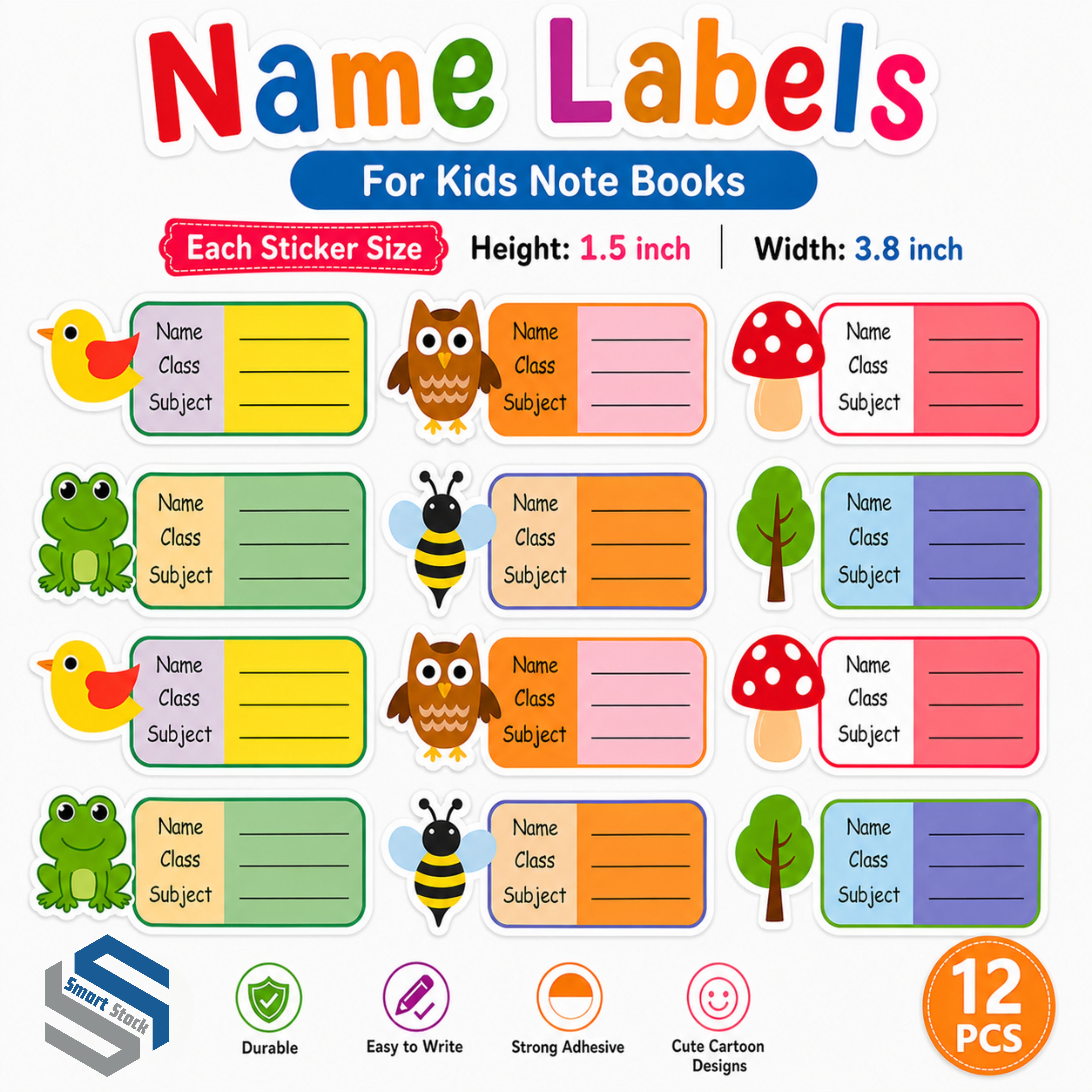 Kids Name Labels for Notebooks – 12 PCS Cute Cartoon School Stickers