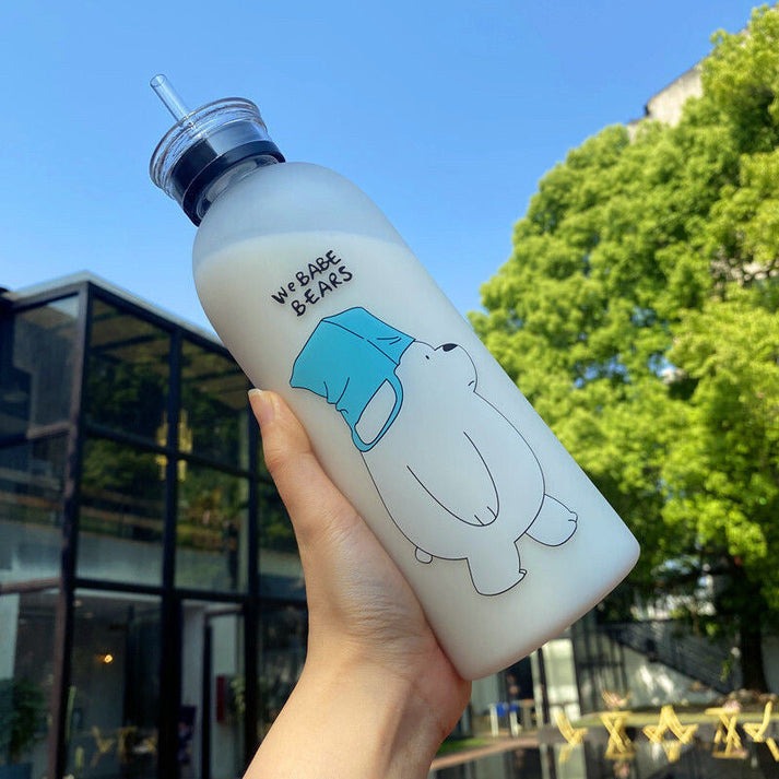 Water Bottles Cute Panda Bear Cup 1000ml With Straw Transparent Cartoon Water Bottle Drinkware Frosted Leak-proof Protein Shaker