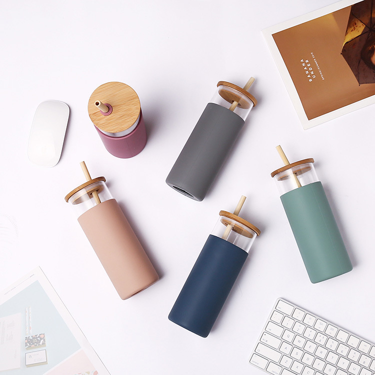 Creative Bamboo Cover Borosilicate Straw Glass Cup With Silicone Case Simple Milky Tea Cup Tumbler Plain