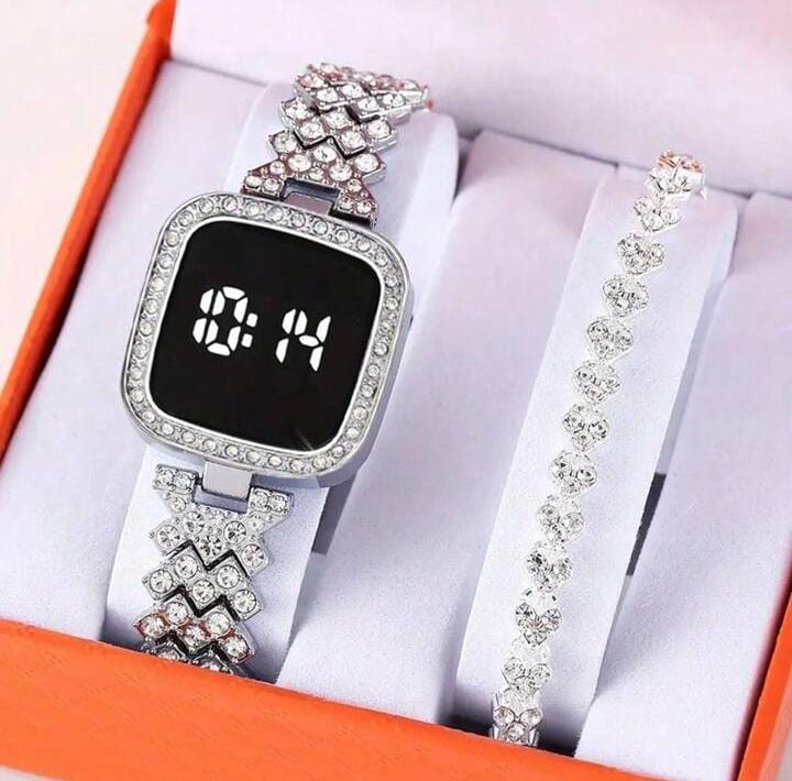 Diamond Touch Screen LED Watch for Ladies –Jewellery For Girls Style in Stainless Steel Chain Digital Wristwatch for Women's – Stylish Fashion Watch For Girls With Bracelet in Silver Stone Round & Square Dial Shape For Gift