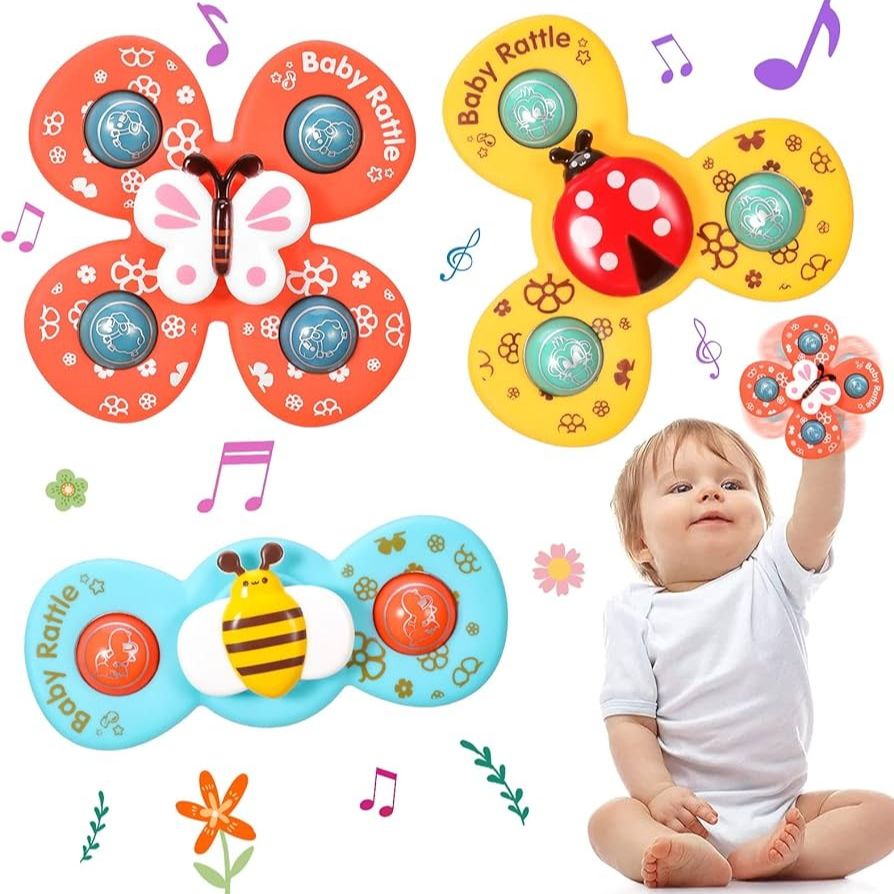 3pcs Baby Rattles Set with Suction Cup Spinner Toy for On-the-Go Fun deal for Travel, Dining Table, and Bathroom Use