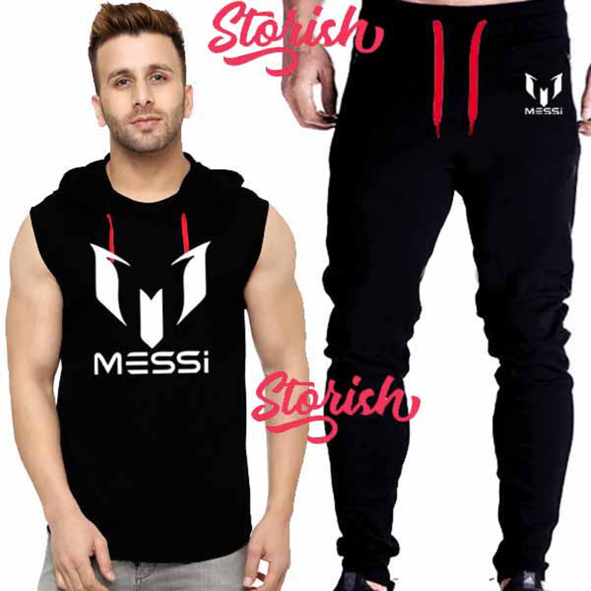 Black Vinyl Messi Printed Gym Summer Hooded Sleeveless Tracksuit for Mens (Hooded Tshirt + Trouser )