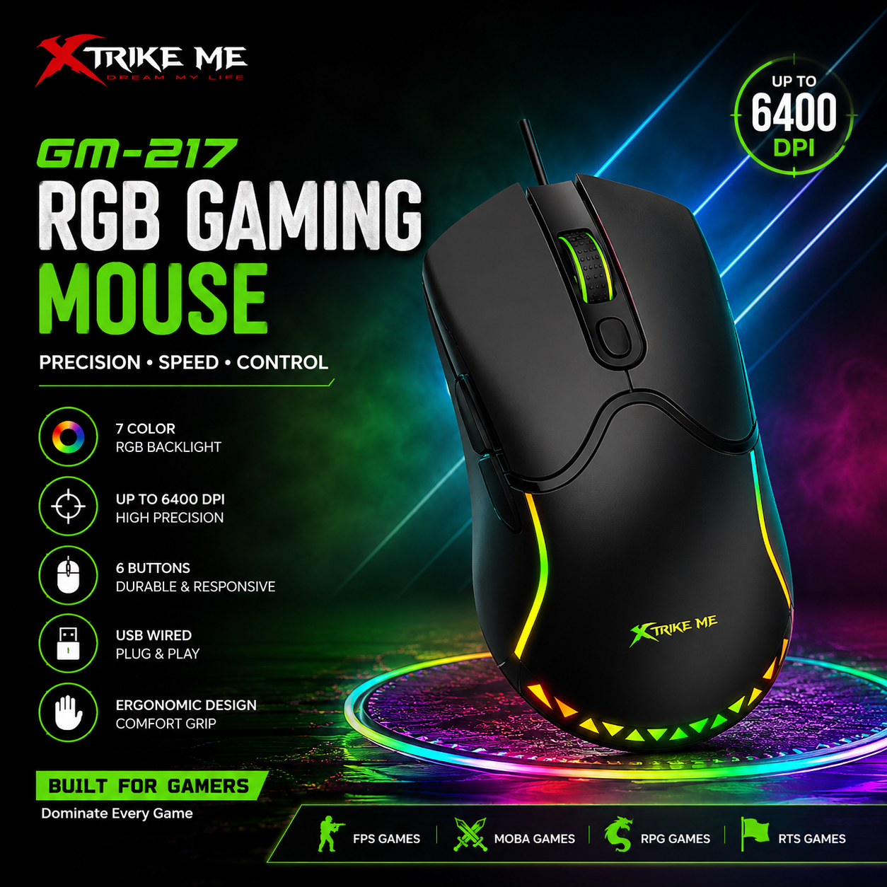 XTRIKE ME GAMING MOUSE 6000 TO 14000 DPI RGB Wired Gaming Mouse with Adjustable DPI, 7 Programmable Buttons, Ergonomic Design & LED Backlight for PC, Laptop & Gaming Adjustable DPI (800/1200/1600/2400/3200/7200 DPI depending on model)