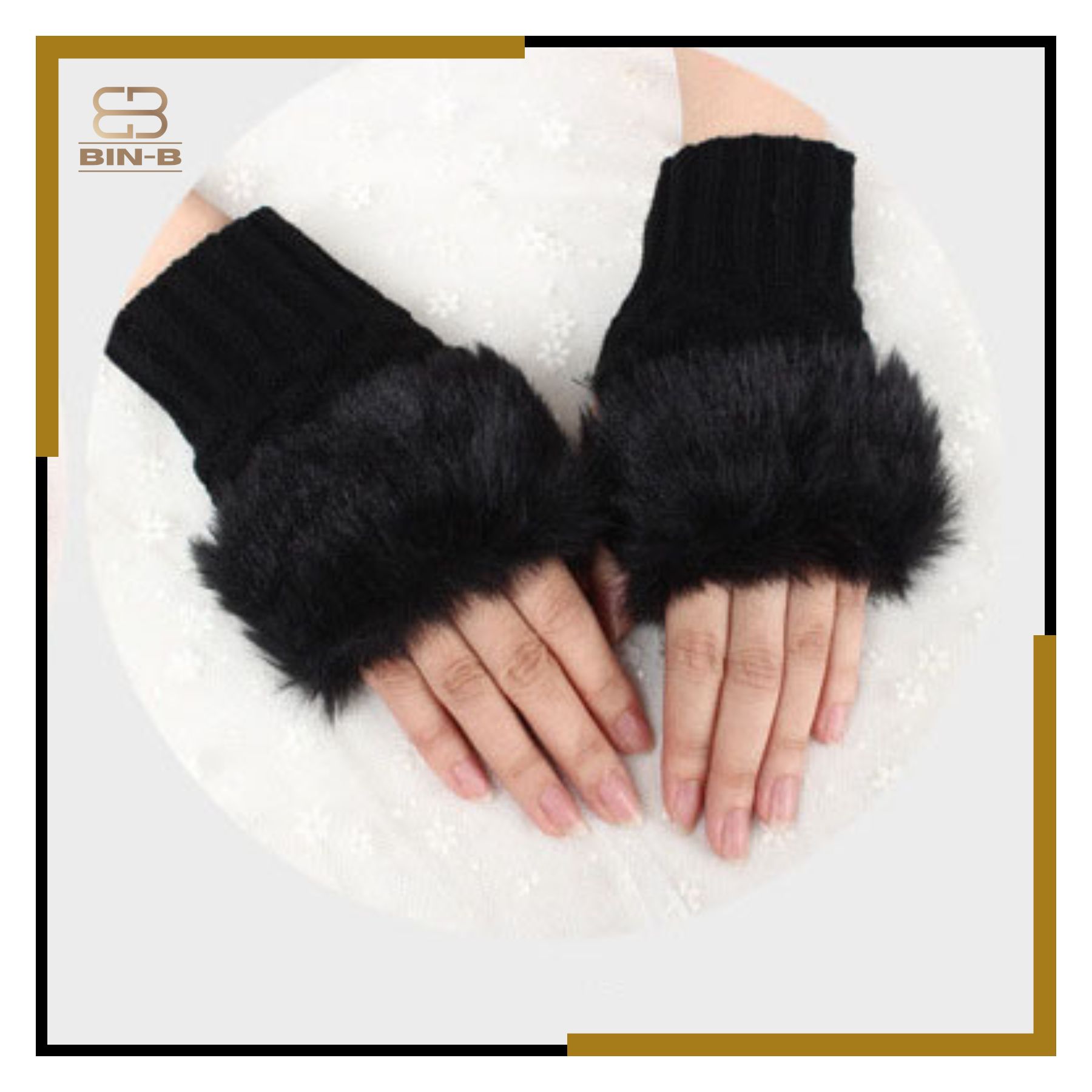 BIN-B Fashion Women Faux Rebbit Fur Hand Wrist Warmer Winter Fingerless Knitted Gloves