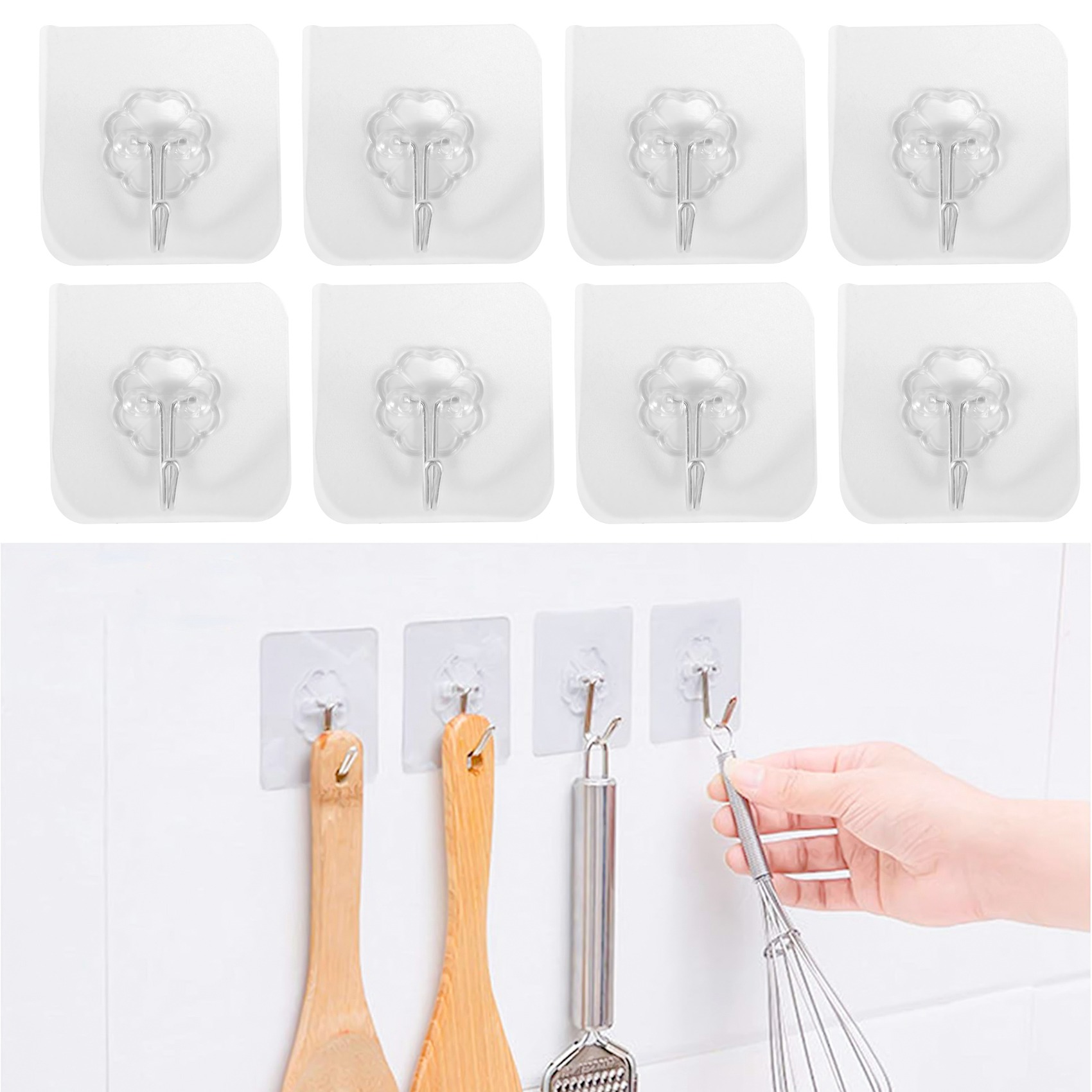 5pcs Wall Hooks, Adhesive Heavy Duty Wall Hooks, Transparent Reusable  Seamless Punch-Free Hooks, Waterproof And Oilproof, Bathroom Utility Towel  Mug Cups Spatula Can Opener Scissors Hooks, Kitchen Supplies