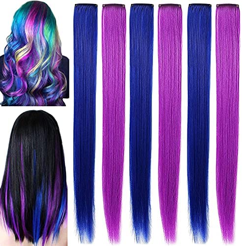 6 Pcs Hair Extensions for Women Blue & Purple