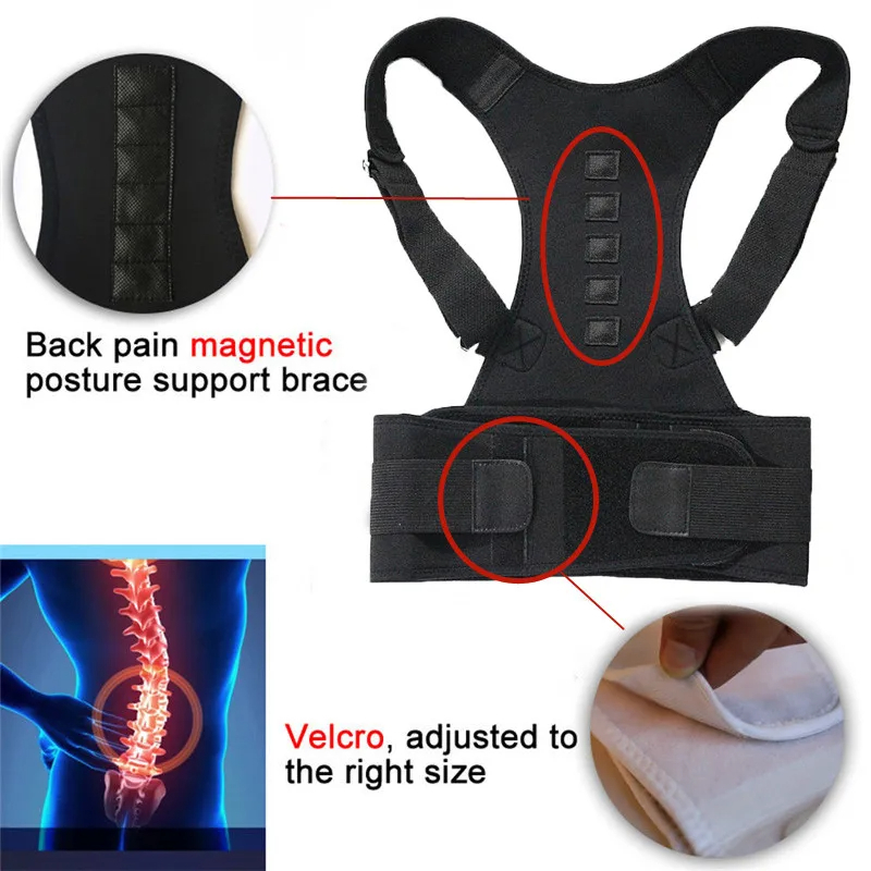 Back Brace Posture Corrector - Magnetic Support for Neck Shoulders and Lower Back Pain Relief - Adjustable Belt Black