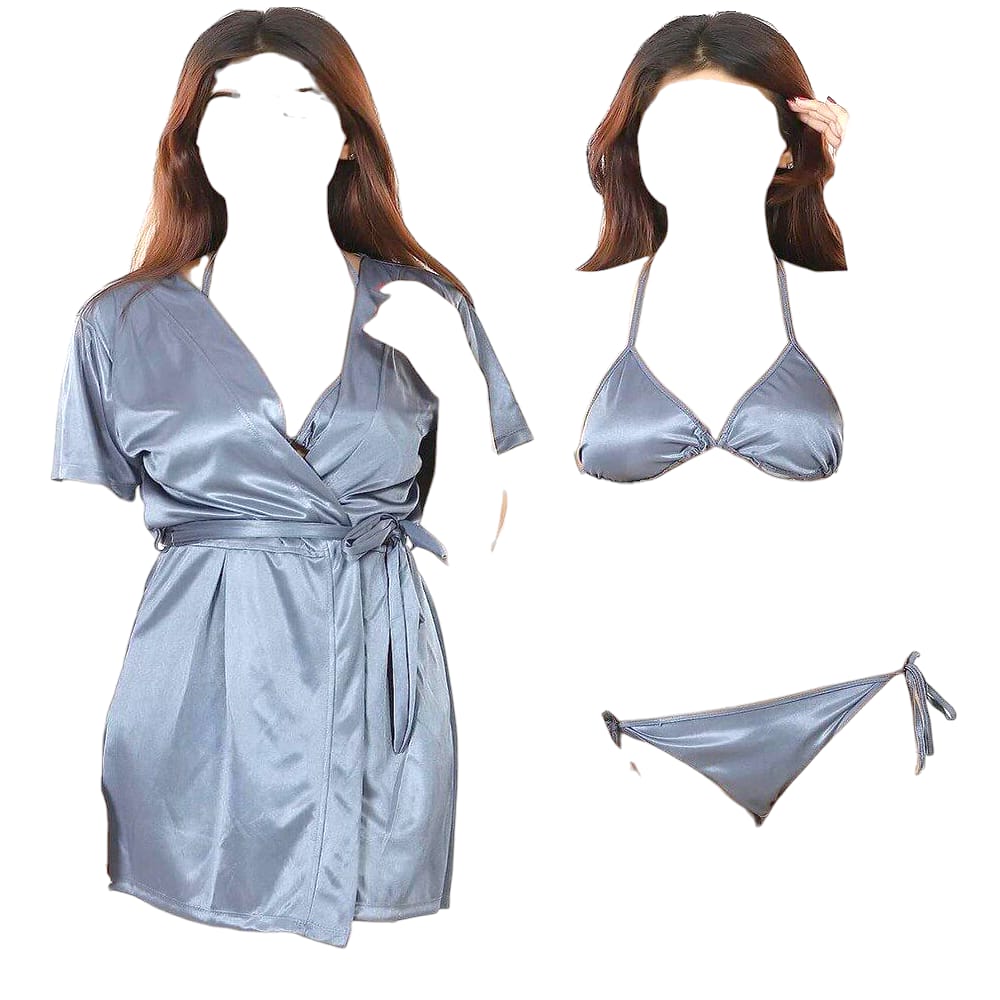 SW SILK WEAR- Women 3 Piece Nighty Sleepwear Silk Satin night dress Lingerie Set With Robe and Short Gown Bridal for Ladies and Girls for Night Wear and Parties Full Black Body Stocking for Free Bra BI-015