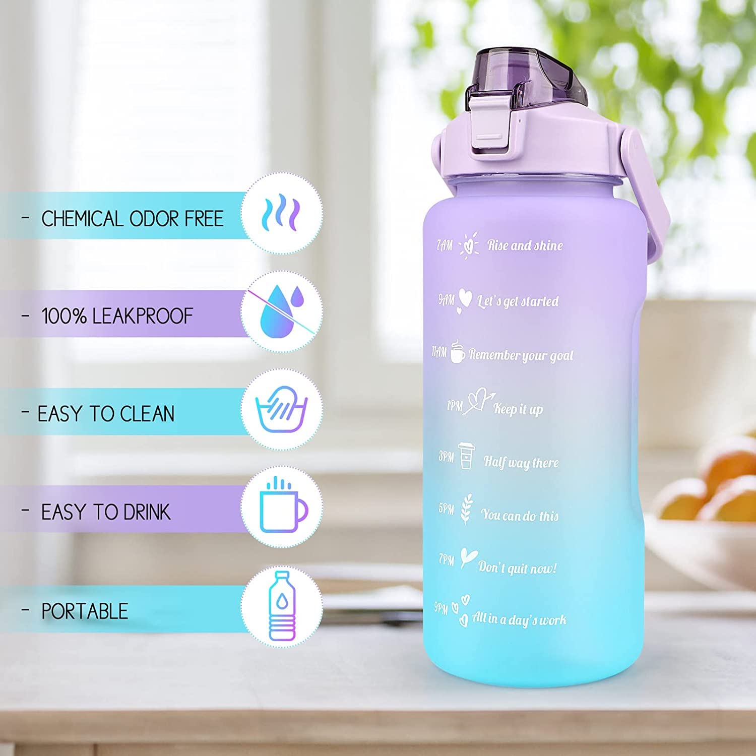 2000ml Motivational Water Bottle With Straw | 2L Gradient Color Drinking Water Bottle