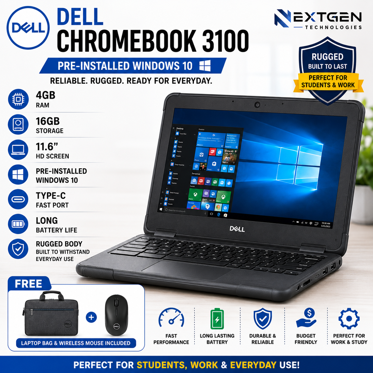 Dell Chromebook 3100 Laptop – Pre-Installed Windows 10 – 4GB RAM, 16GB Storage – 11.6 HD Screen – Rugged Body – Type-C Fast Port – Long Battery Life – Free Bag & Mouse – NEXTGEN TECHNOLOGIES