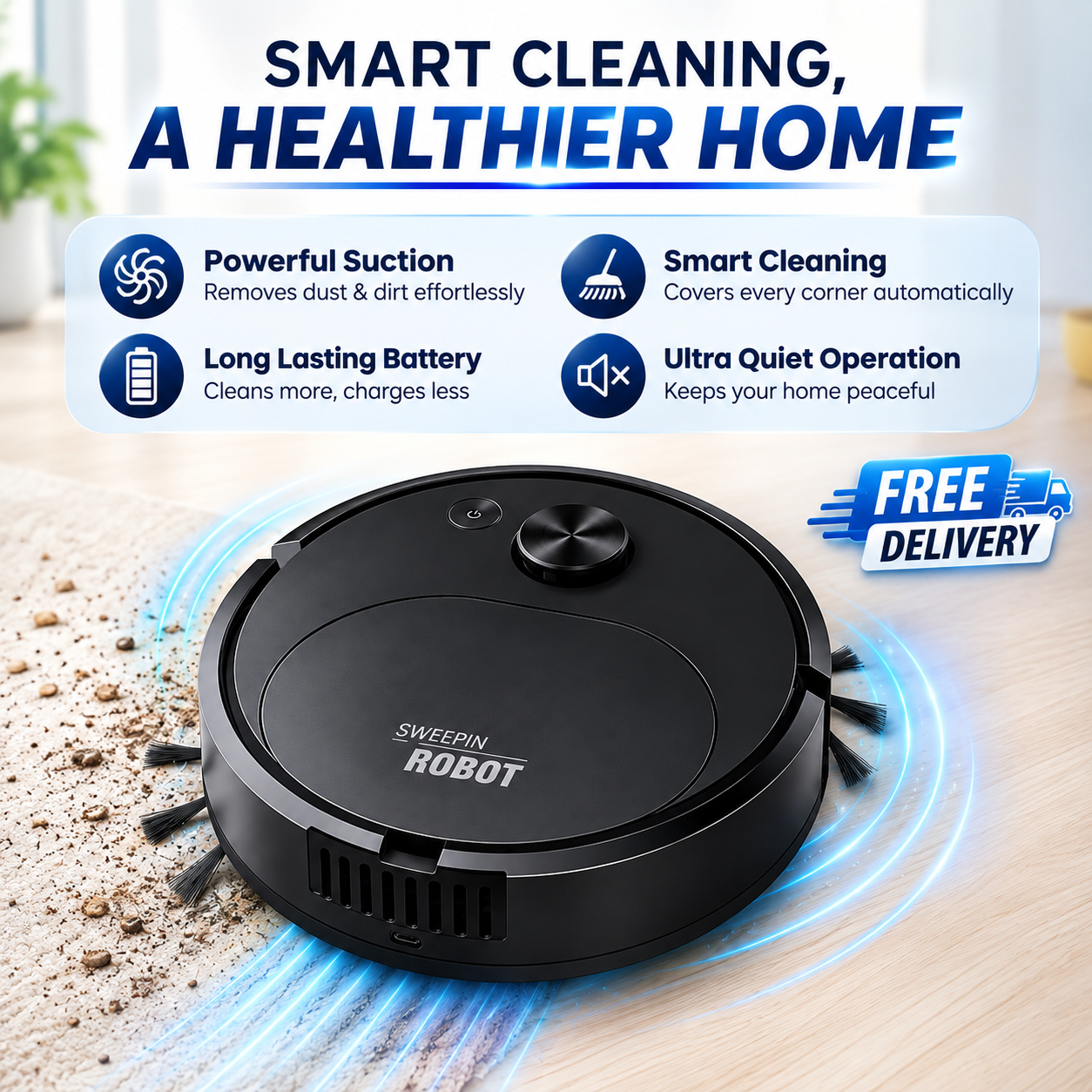 Imported Electric Carpet Robot Cleaner - 1200Pa - Robot Vacuum Cleaner - Automatic Dust Floor Cleaner Machine - Powerful Suction Cleaning Robot With Smart Sensor - For Household & Office - Easy To Use
