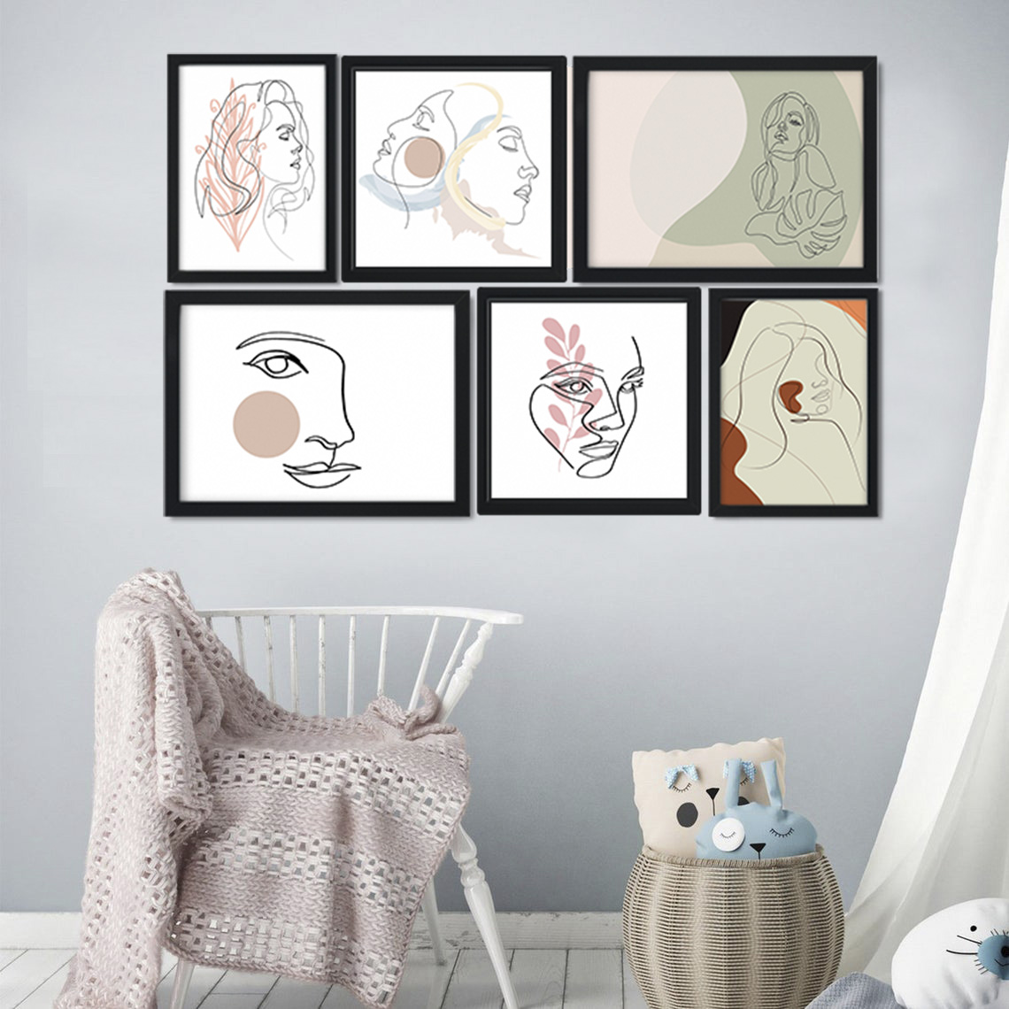 set of 6 wall frames, girsl illustrations, girls line art , girls portraits, room wall art, girls set of 6 wall