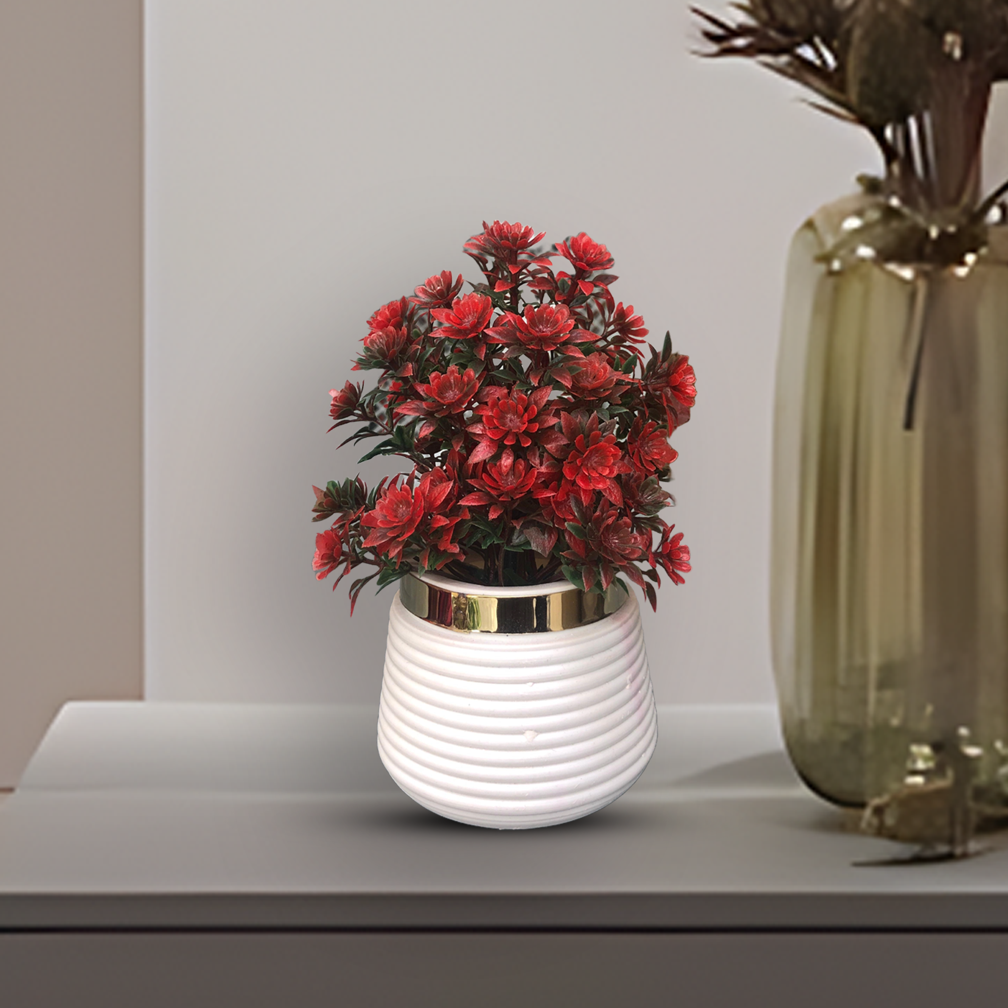 Artificial Pot Decor Potted Flowers Mini Plants with white pot, Natural Lifelike Flowers for Room Indoor Home Office Desk Shelf Decor, 15.50 cm height in 4 colours
