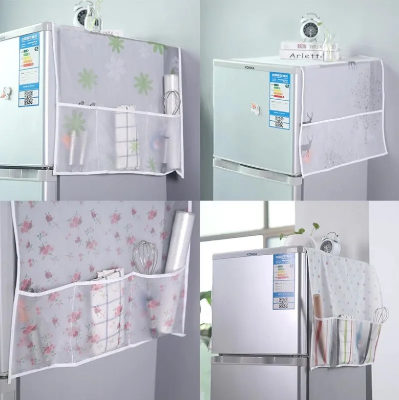 Waterproof Printed Fridge Cover with Pocket - Waterproof Dust Cover Refrigerator Dustproof Cover with Deep Pocket Household Freezer Cover Top Hanging Bag Fridge Storage Bag Appliance Protector Organizer Fridge Top Cover