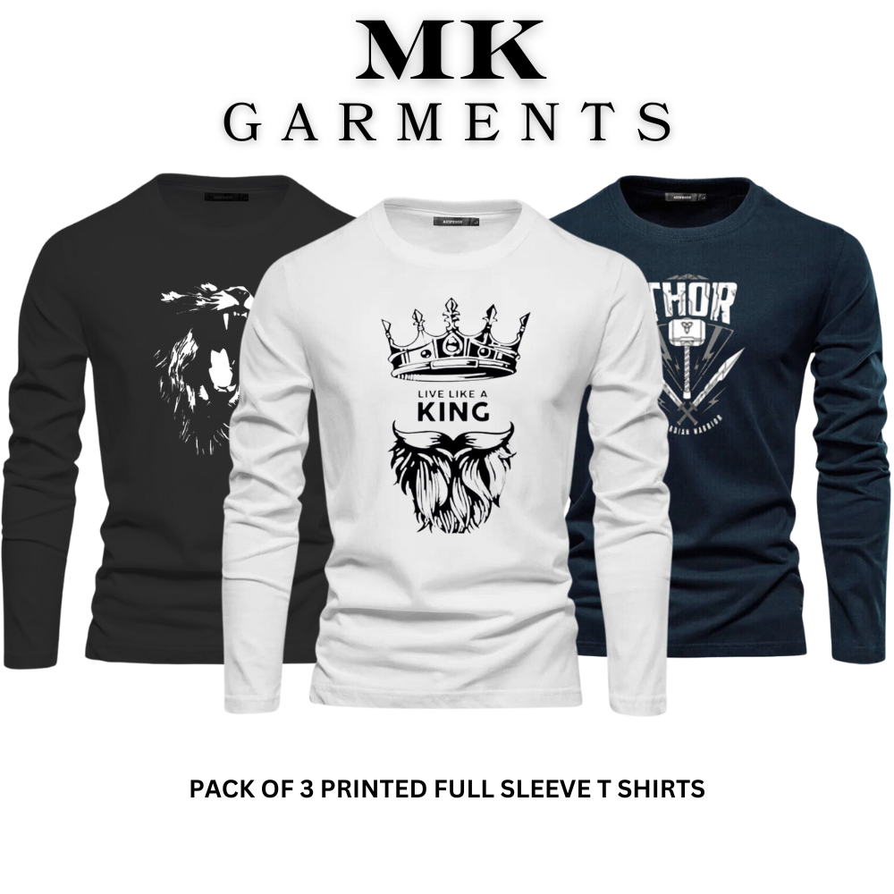MK Garments - Pack Of 3 Printed Premium Full Sleeve T-Shirt Round Neck Casual Wear T-Shirt For Men And Boys