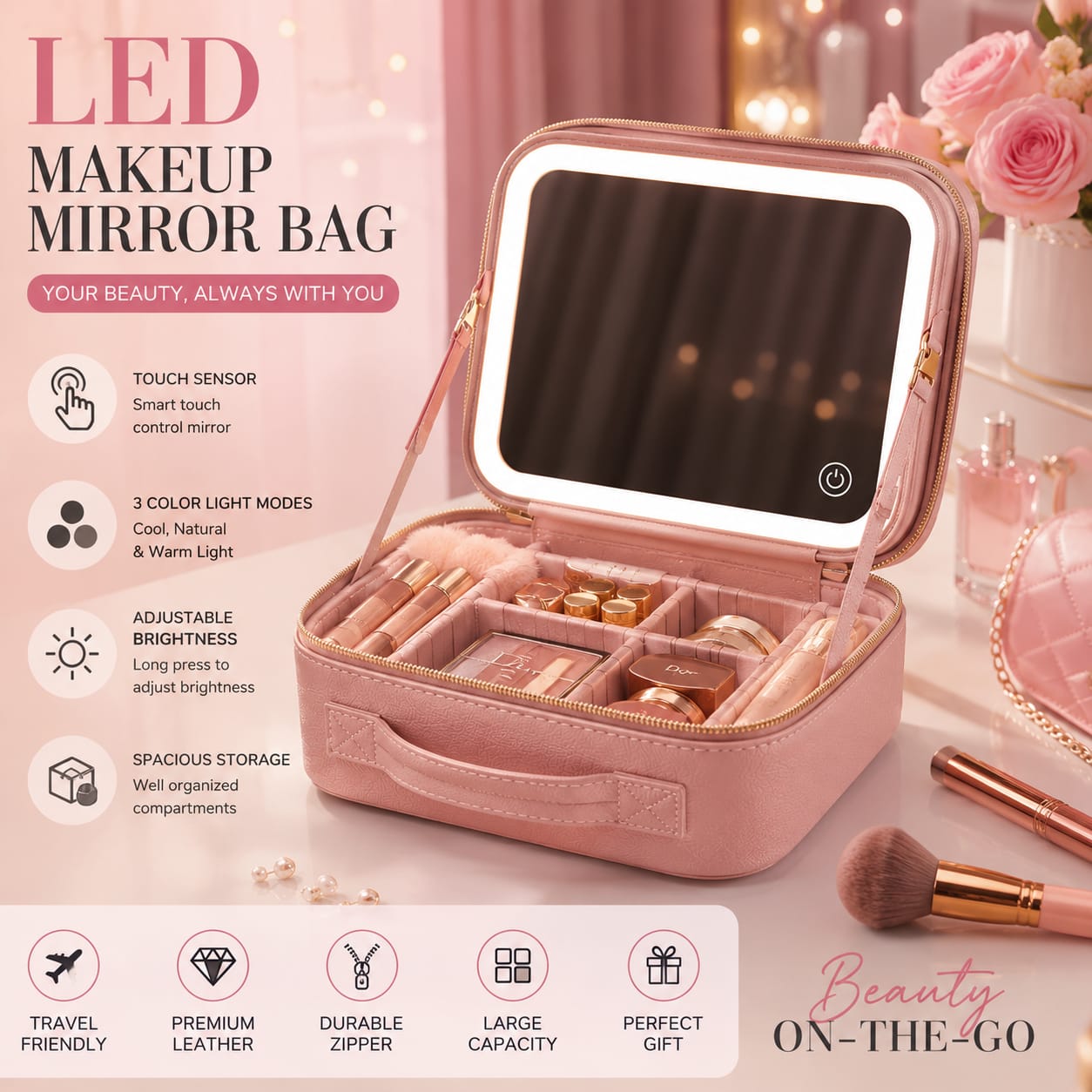 LED Makeup Mirror Pouch Cosmetic Storage Bag with Touch Sensor Mirror | 3 Color Light Modes | Adjustable Brightness | Travel Makeup Organizer Case